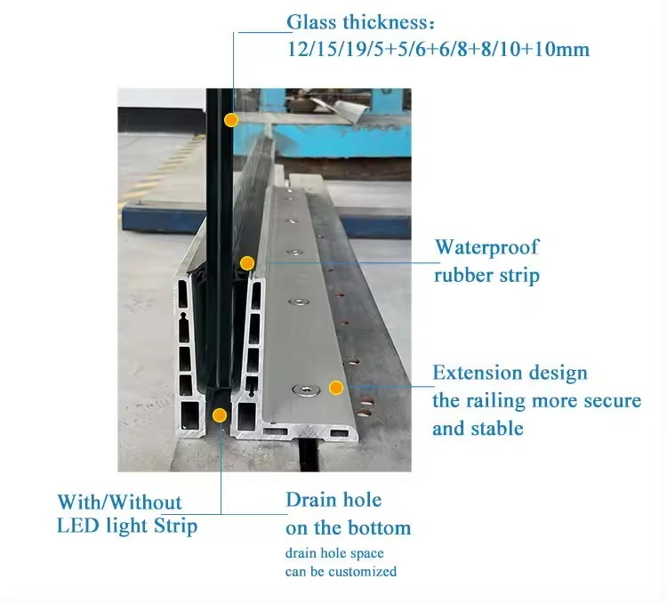 HDSAFE Aluminum U Channel With Handrail Tube LED Railing Balcony Villa Office Apartment Project Case Glass Railing