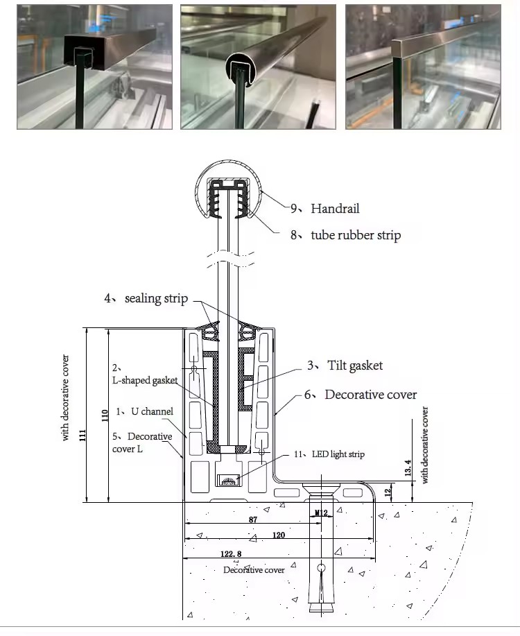 HDSAFE Aluminum U Channel With Handrail Tube LED Railing Balcony Villa Office Apartment Project Case Glass Railing