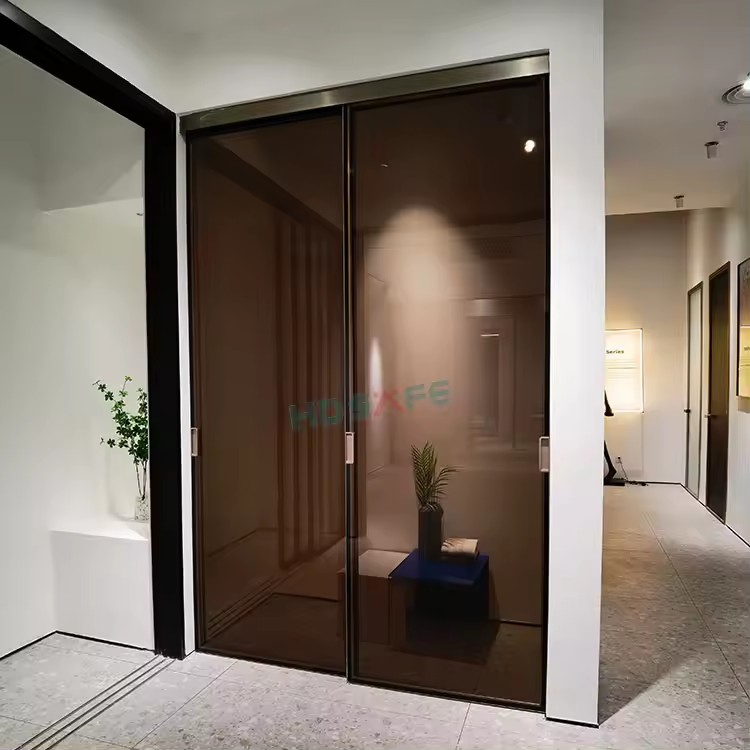 HDSAFE 2 sliding panels door aluminum frame luxury interior room frosted glass door double soft closing sliding door