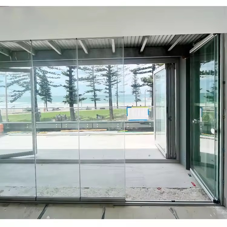 Exterior Commercial Sliding Partition Door Balcony Sunroom Patio Door Slide 10mm Frameless Glass Aluminum Bi Fold Door Hardware