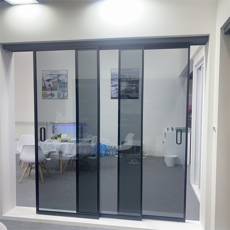 HDSAFE Black Aluminum Slim Glass Sliding Door 4 Panel Frosted Slide Glass Door Interior