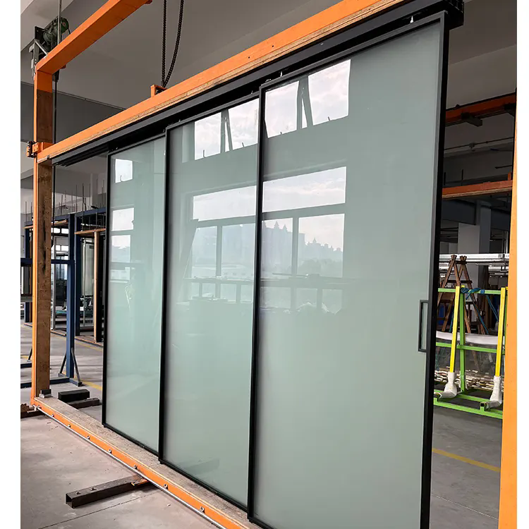 Commercial Residential Apartment Interior Frosted Glass Door Black Aluminum 3 Panel Kitchen Office Glass Sliding Door Hardware